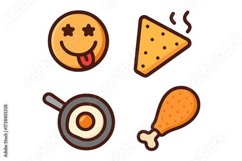 Vector food icon set collection. Delicious tasty meal graphic elements. Emoji star eyes tongue out. Fried chicken leg, egg in pan, hot crunchy nacho chip. Fast food logo.