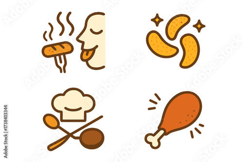 Food and cooking icon set. Vector logo collection for restaurant and cafe. Concepts of taste, smell, crunchy snacks. Delicious hot meal, fried chicken, sausage, chef hat.
