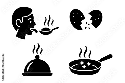 Food taste and texture icons. Man tasting hot soup from spoon, crunchy broken cookie, restaurant serving cloche, and sizzling frying pan. Vector glyph set for cooking concepts.
