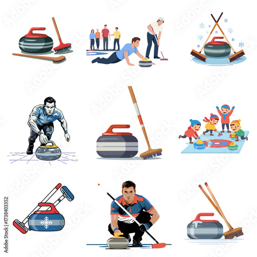 Curling sport activities with teams and players on ice rink set of 9 icons