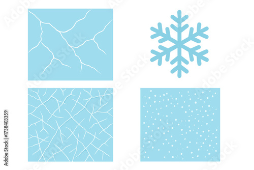 Winter vector elements set. Collection of frozen textures and symbols. Cracked ice surface, frost pattern, snowflake icon. Concept of cold weather, snow, wintertime illustration.