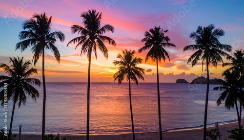 Fototapeta Naklejka Na Ścianę i Meble -  Vivid sunset paints the sky above a tranquil beach lined with silhouetted palm trees and calm ocean waves