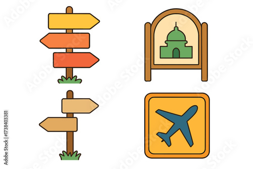 Vector travel icon set for navigation and tourism. Includes signpost with arrows for direction and choice, airport sign with airplane, and landmark symbol for destination.
