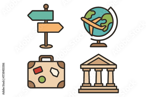 Vector icon set for travel, business, and finance. Globe with plane for global tourism. Luggage for vacation. Bank or government building for official matters. Signpost for direction.