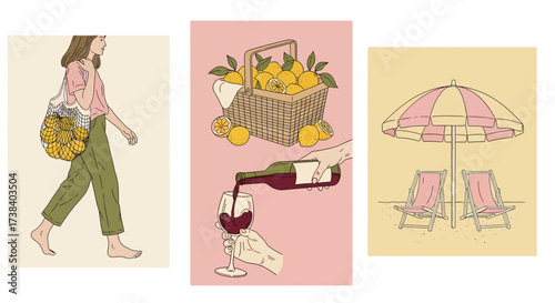 A collection of illustrations depicting a woman, picnic, and beach scene.