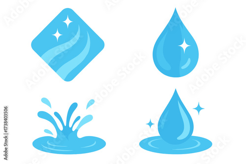 Water drop logo collection. Clean wet icon set. Aqua splash symbol. Purity freshness hygiene concept. Shiny liquid droplet graphic. Sparkling ripple. Cleaning service. Mineral water.