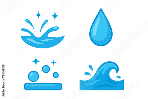 Vector set of clean and wet logo icons. Water drop, splash, wave, and bubbles collection. Aqua purity, liquid freshness, and sparkling washing concept for graphic design.