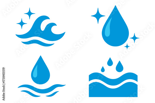 Vector collection of clean and wet logo templates. Water drop, wave, and sparkle icons. Symbol for washing, purity, freshness, liquid, and cleaning services. Flat design.