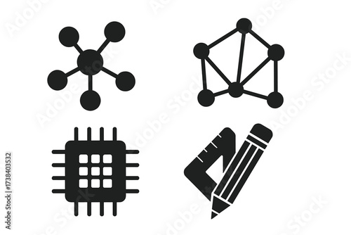 Technology icon set. Network connection, data hub, mesh, CPU processor, and design engineering symbols. Vector graphics for IT logo, web, AI, and creative projects.
