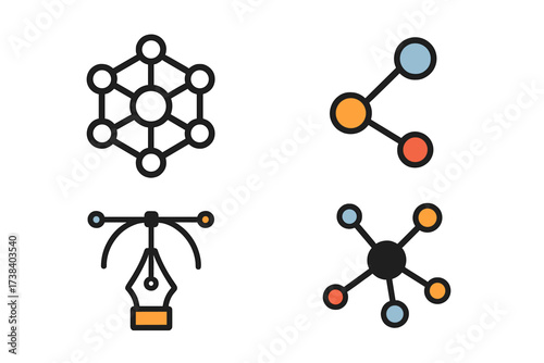 Vector icon collection for technology and design. Logo set with connection, network, and communication concepts. Includes share symbol, data hub, molecular structure, and pen tool.