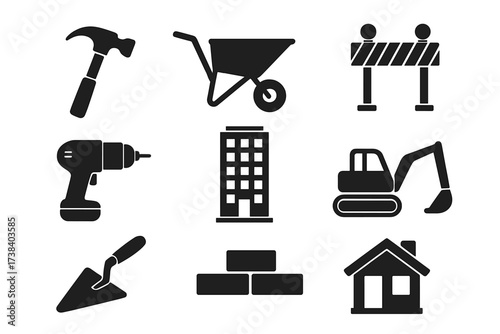Construction and building vector icon set. Collection of work tools and equipment silhouettes. Includes hammer, drill, excavator, house, and real estate symbols for architecture.