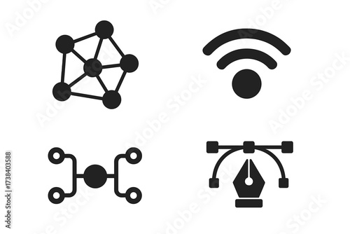 Vector icon set with network connection, wifi signal, system hub and pen tool for graphic design. Technology, data, communication, internet and creative process symbols.