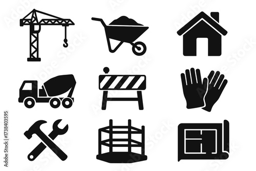 Building and construction vector icon set. Black silhouette symbols for industry, architecture, and real estate. Includes crane, tools, blueprint, house, and cement mixer truck.