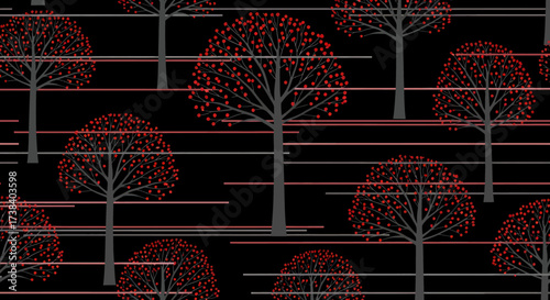 A repeating pattern of stylized trees with red leaves on a black background with horizontal lines.