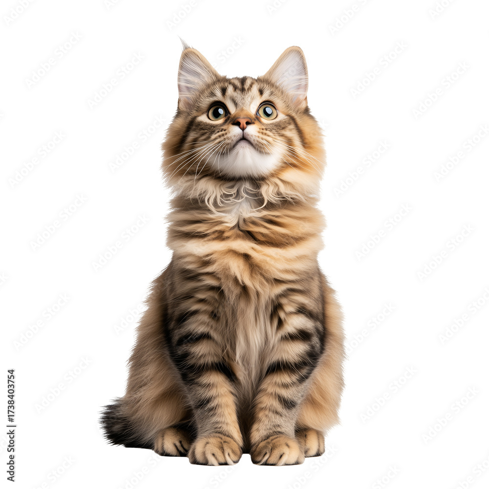 Obraz premium close up portrait of sit cat, grey, white, ginger kitty with long hair isolated on transparent background