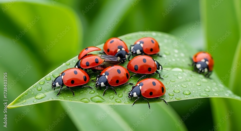Obraz premium A Group of Red Ladybugs on a Wet Green Leaf.