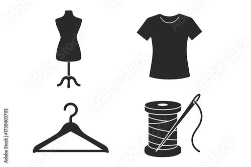 Fashion and garment icons set. Sewing, tailoring, and dressmaking symbols. Vector collection with mannequin, t-shirt, hanger, needle and thread. Clothing design elements.