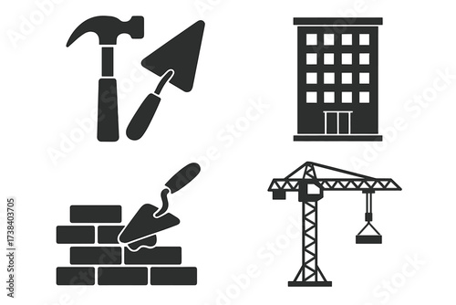 Construction and building icon set vector. Real estate development and architecture concept. Industrial symbols hammer, trowel, bricklaying, crane, and office building silhouettes.