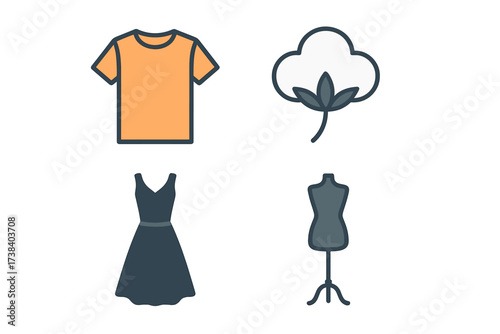 Fashion icon set. Garment and apparel symbols. Vector t-shirt, dress, cotton flower, tailor mannequin. Clothing design. Sewing and textile industry. Natural fabric concept.