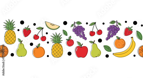 A vibrant and colorful horizontal border illustration featuring a variety of fresh fruits and black dots on a white background.