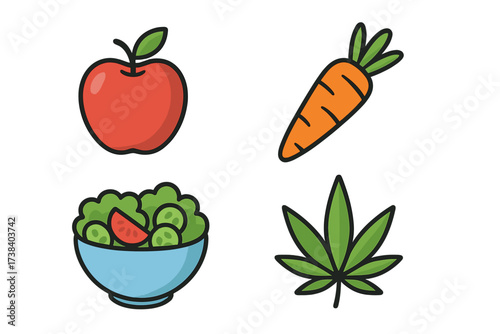 Healthy food and cannabis vector icon set. Apple, carrot, salad bowl and marijuana leaf symbols. Concepts for vegan, organic food, vegetarian diet, medical marijuana, CBD oil.