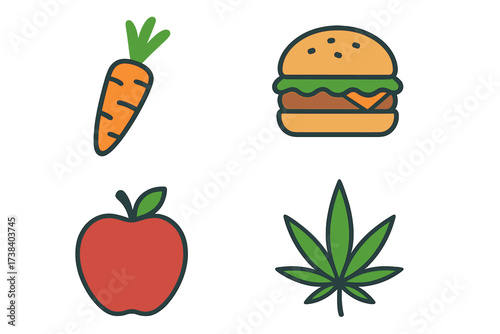 Food and cannabis icon set. Carrot, apple, burger, marijuana leaf. Vector illustration. Healthy vs unhealthy junk food concept. Diet, nutrition, fast food, vegan, edibles, CBD.