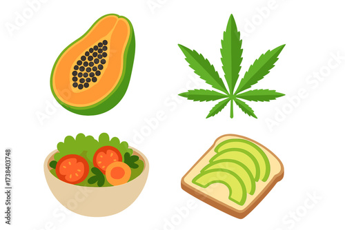 Vector food icon set. Healthy lifestyle, vegan, plant-based food. Papaya fruit, salad bowl, avocado toast, and cannabis leaf. Superfood illustration collection concept.