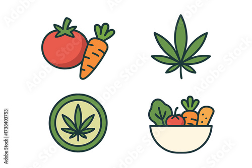 Cannabis food icon set vector. Marijuana edibles concept. Vegan logo. Healthy vegetable salad. Tomato, carrot. Natural CBD oil symbol. Organic plant based diet. Hemp leaf.