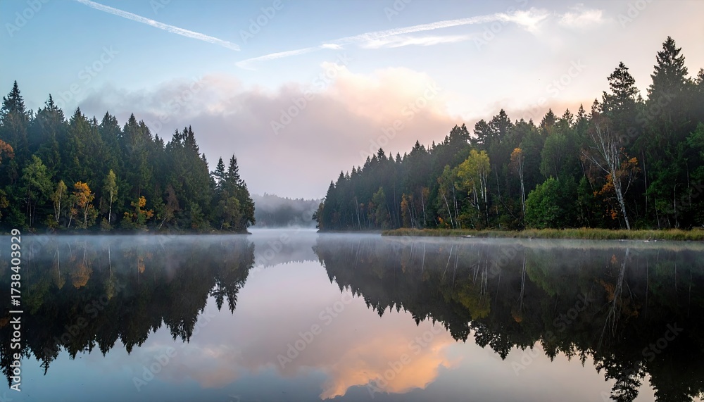 Fototapeta premium Misty Lake Reflection With Dense Forest and Soft Light at Dusk Scenery Landscape in a Natural Setting With Calm Waters And Clear Sky Reflection