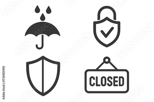 Protection icon set with closed sign. Vector symbols for security, safety, and waterproof concepts. Includes umbrella with rain, shield with checkmark, and secure lock.
