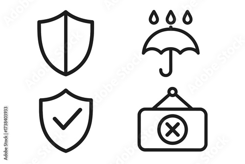 Protection and security line icon set. Shield for safety, guard, and guarantee. Verified checkmark. Umbrella with rain for weather protection and insurance. Closed sign for store.