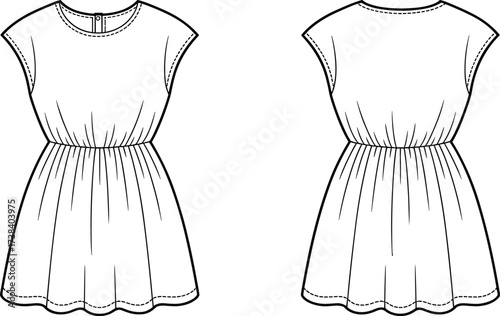 Technical fashion flat dress illustration front and back view, cap sleeve garment sketch, apparel design template, clothing vector outline, pattern making