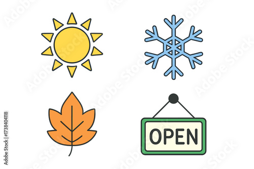 Four seasons color line icon set with open sign. Vector graphic collection includes summer sun, winter snowflake, autumn fall leaf. Weather symbols for business hours.