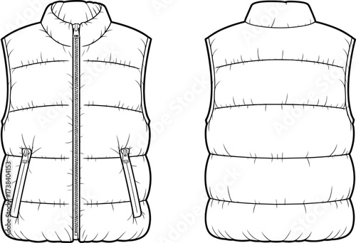Padded vest flat fashion illustration front and back view, quilted sleeveless outerwear sketch, apparel design template, clothing vector outline, winter jacket