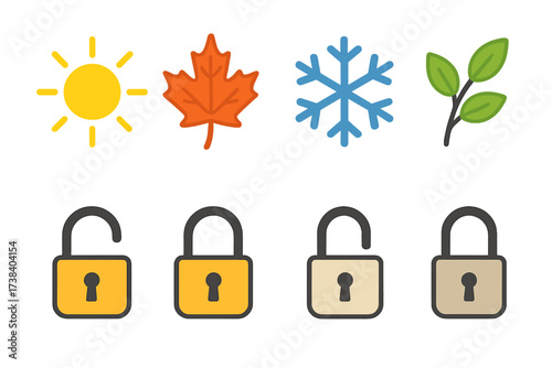 Four seasons icon set with lock and unlock symbols. Vector illustration of summer sun, autumn leaf, winter snowflake, and spring branch. Concept for seasonal access, opening.