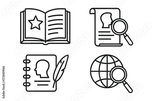 Vector icon set of story and research symbols. Line art illustration for knowledge, biography, resume analysis, and global search. Thin outline pictograms for education.