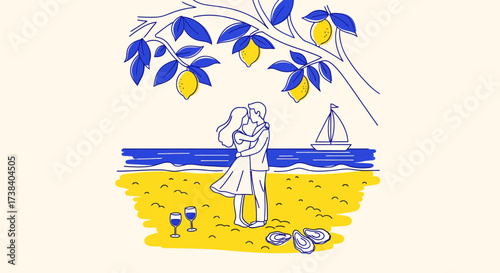 A romantic couple embraces on a sandy beach under a lemon tree with wine and oysters.