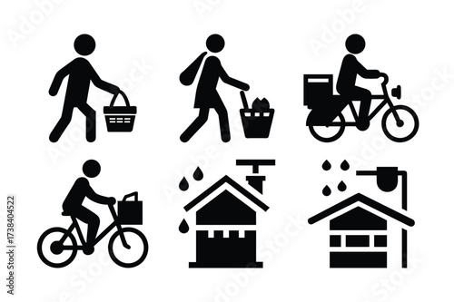 Pictogram Collection Showcasing Shopping, Delivery, and Weather Conditions in a Stylized Format, Perfect for Icons and Symbols