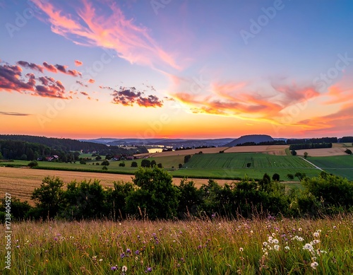 Panoramic sunset over rolling hills and farmland