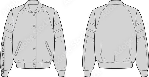Bomber jacket flat fashion illustration front and back view, ribbed collar cuffs hem, snap button closure, apparel design template, clothing vector outline