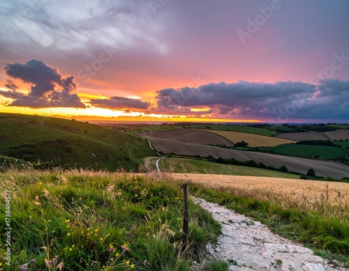Panoramic sunset over rolling hills