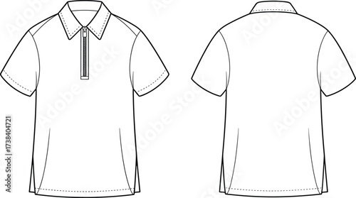 Short sleeve polo shirt, half zip collar, fashion flat sketch, technical drawing, apparel design, vector illustration, front and back