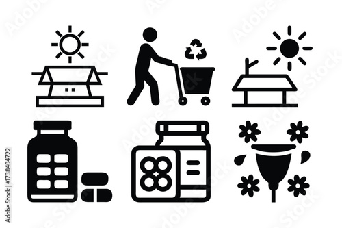 Eco Conscious Lifestyle Elements Depicted in Simple Black and White Icons Set on a White Backdrop
