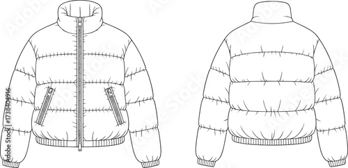 Puffer jacket flat sketch, front and back view, winter outerwear design, fashion technical drawing, vector template, detailed garment illustration