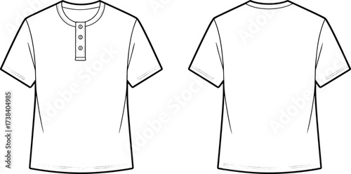 Plain short sleeve Henley shirt front and back view, casual men’s fashion top, round neck button placket, blank apparel template