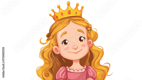 Enchanting Princess Girl Character with Elegant Royal Crown Cartoon Illustration