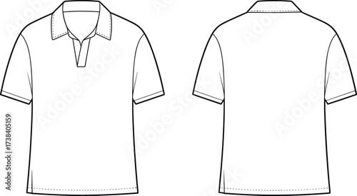 Short sleeve polo shirt front and back view, classic collar V neck design, blank apparel template, fashion clothing illustration, garment construction reference