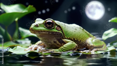 Wallpaper Mural Green frog sitting on lily pad, moonlit pond at night with stars Torontodigital.ca