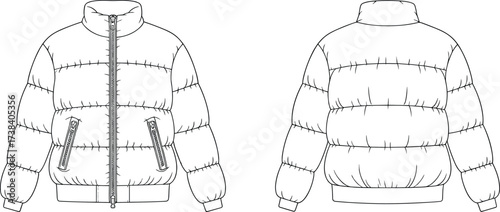 Puffer jacket front and back view, quilted winter coat design, high collar zipper closure, ribbed cuffs hem, blank apparel template illustration