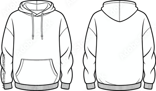 Hooded sweatshirt front and back view, drawstring hoodie design, kangaroo pocket, ribbed cuffs hem, blank apparel template, fashion garment illustration
